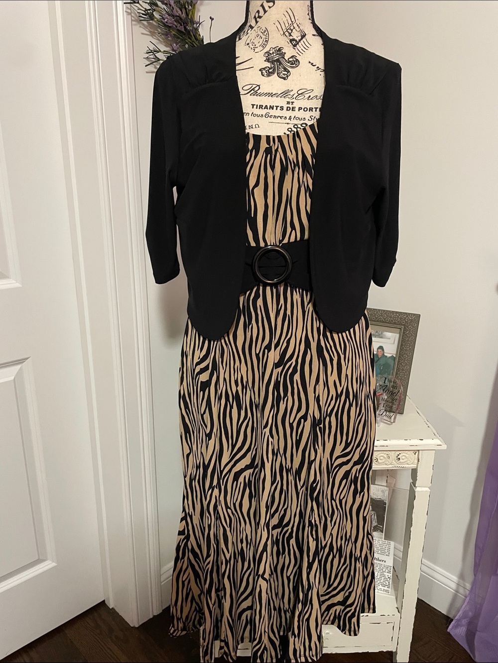 Black & Tan Zebra Print Midi Dress with Black Bolero